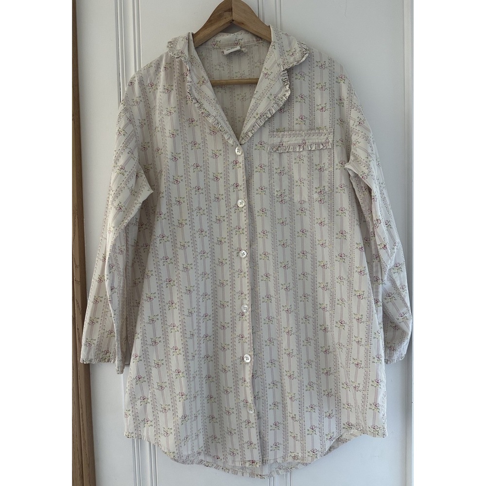 Taylor Linens Floral Stripe Cotton Sleep Shirt Button Front Nightgown Medium
